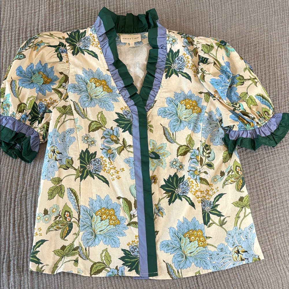 Entro Floral Blouse - Cream, Blue, Green